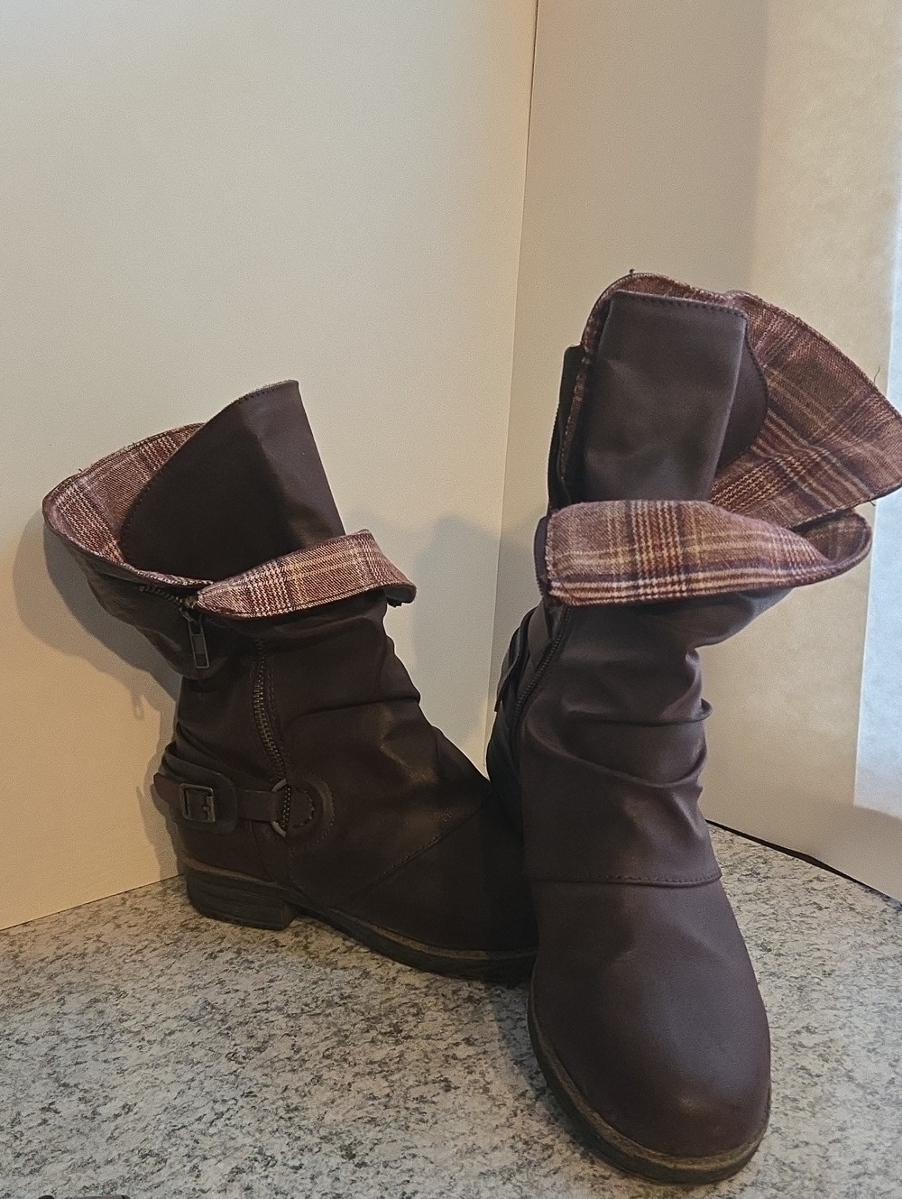 Women’s Fold-Over Mid-Calf Boots in Dark Burgandy By JellyPop Size 8.5